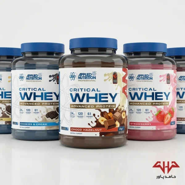 گالری چند طعم پروتئین Applied Nutrition Critical Whey شامل چوکوهیزلنات، کوکیز اند کریم و توت‌فرنگی