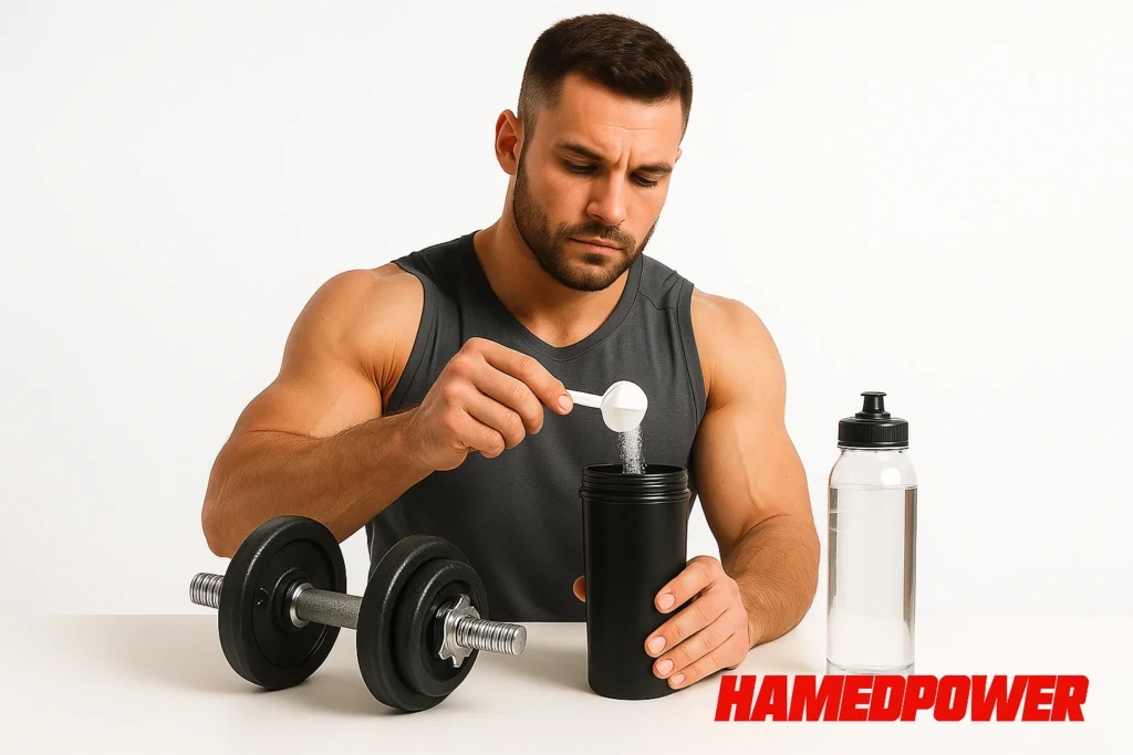 مرد ورزشکار در حال ریختن پودر کراتین در شیکر ورزشی، کنار دمبل و بطری آب با لوگوی HAMEDPOWER