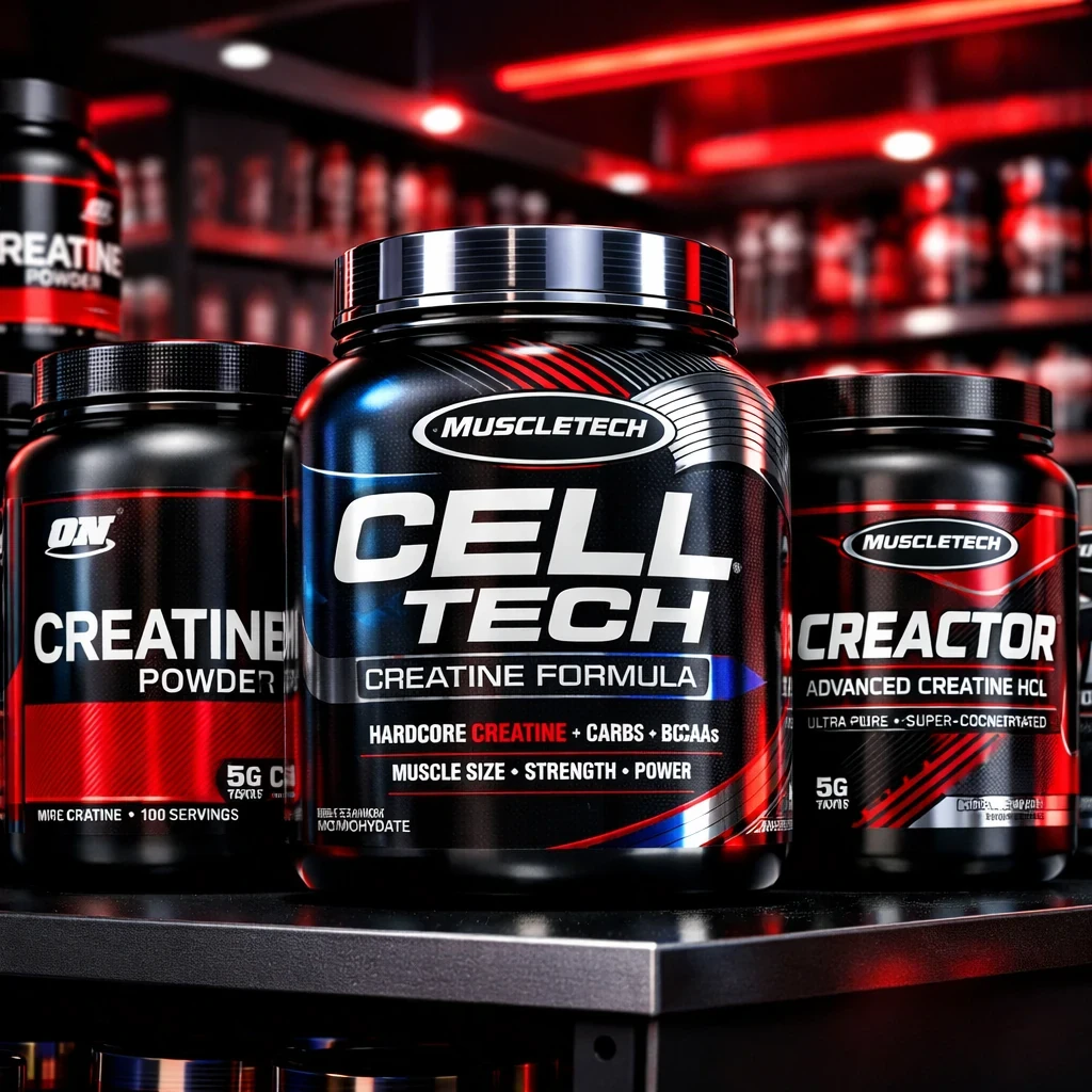 قوطی‌های مکمل کراتین MuscleTech Cell-Tech و Optimum Nutrition روی قفسه فروشگاه مکمل ورزشی با نور نئون قرمز، طراحی مشکی و قرمز، مناسب افزایش قدرت و حجم عضلانی