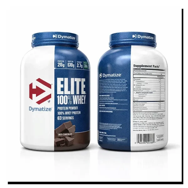 تصویر پروتئین وی دایماتیز Elite 100% Whey اصل نمای جلو و پشت با پس‌زمینه سفید
