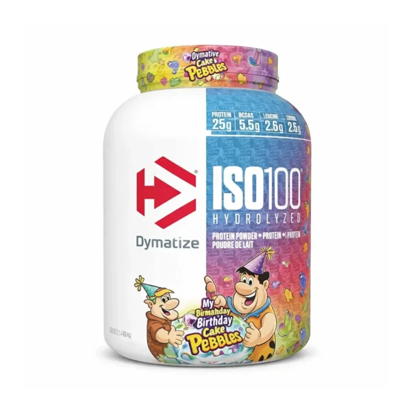 تصویر پروتئین وی ایزوله دایماتیز ISO100 طعم Birthday Cake Pebbles اصل با پس‌زمینه سفید