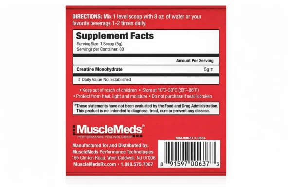 جدول ارزش غذایی کراتین مونوهیدرات ماسل‌مدز ۴۰۰ گرمی شامل ۵ گرم کراتین در هر سروینگ