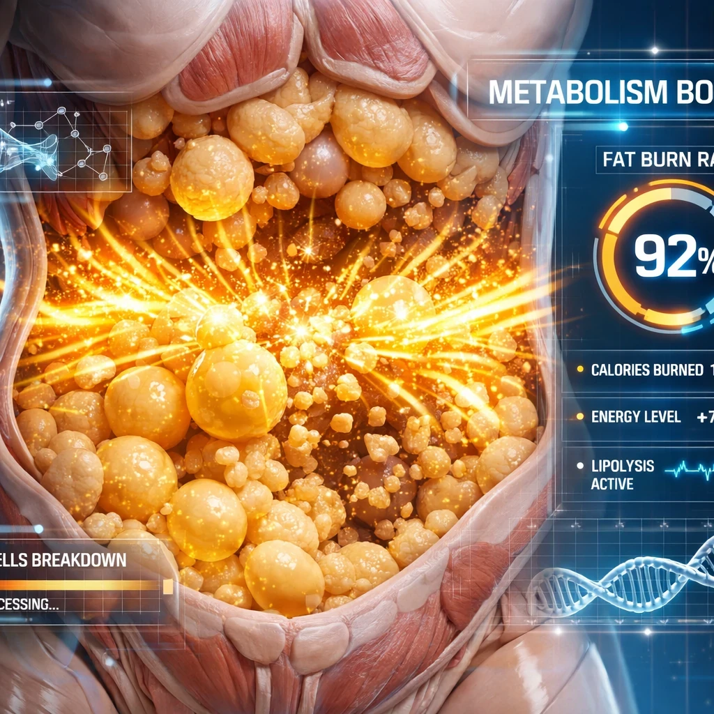 تصویر سه‌بعدی علمی از فرآیند تجزیه سلول‌های چربی در بدن با امواج انرژی طلایی و رابط کاربری سنجش متابولیسم