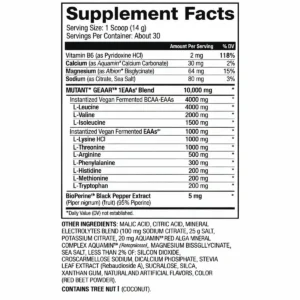 جدول ترکیبات و ارزش غذایی مکمل آمینو GEAAR Mutant شامل BCAA، EAA، الکترولیت‌ها و ویتامین B6