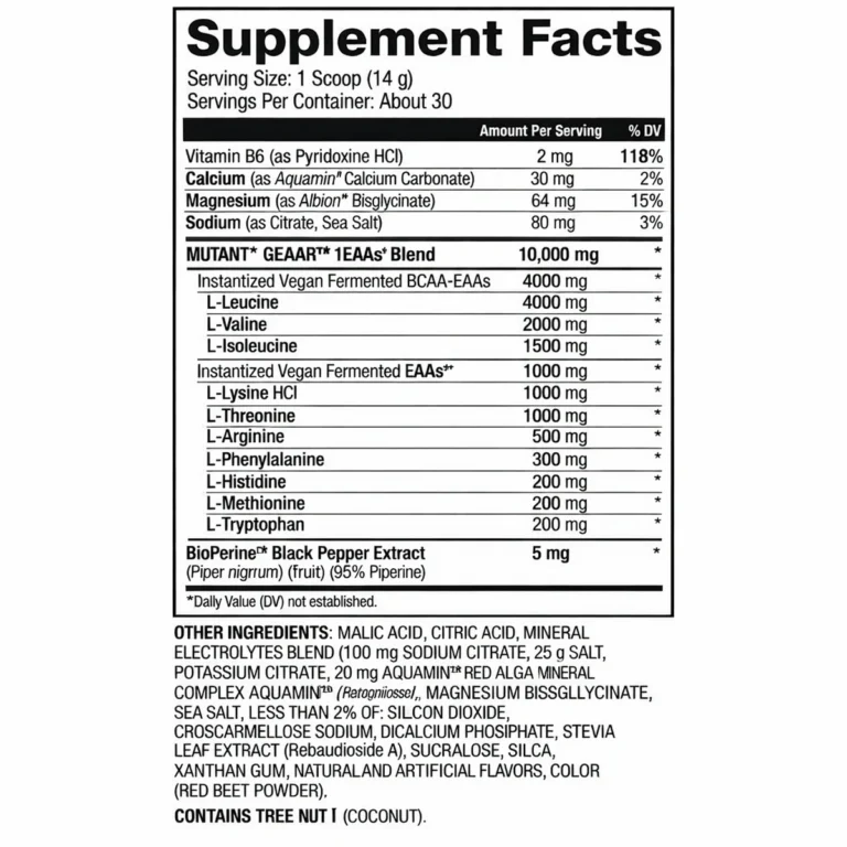 جدول ترکیبات و ارزش غذایی مکمل آمینو GEAAR Mutant شامل BCAA، EAA، الکترولیت‌ها و ویتامین B6