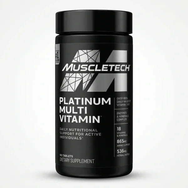 قرص مولتی ویتامین MuscleTech Platinum Multivitamin مناسب بدنسازان و ورزشکاران، حاوی ویتامین‌ها و مواد معدنی کامل برای افزایش انرژی و ریکاوری