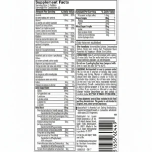 جدول Supplement Facts مولتی ویتامین MuscleTech Platinum شامل ویتامین‌ها و مواد معدنی مورد نیاز ورزشکاران