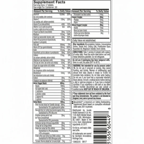 جدول Supplement Facts مولتی ویتامین MuscleTech Platinum شامل ویتامین‌ها و مواد معدنی مورد نیاز ورزشکاران
