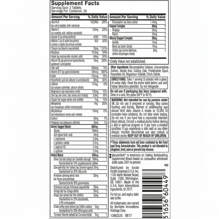 جدول Supplement Facts مولتی ویتامین MuscleTech Platinum شامل ویتامین‌ها و مواد معدنی مورد نیاز ورزشکاران