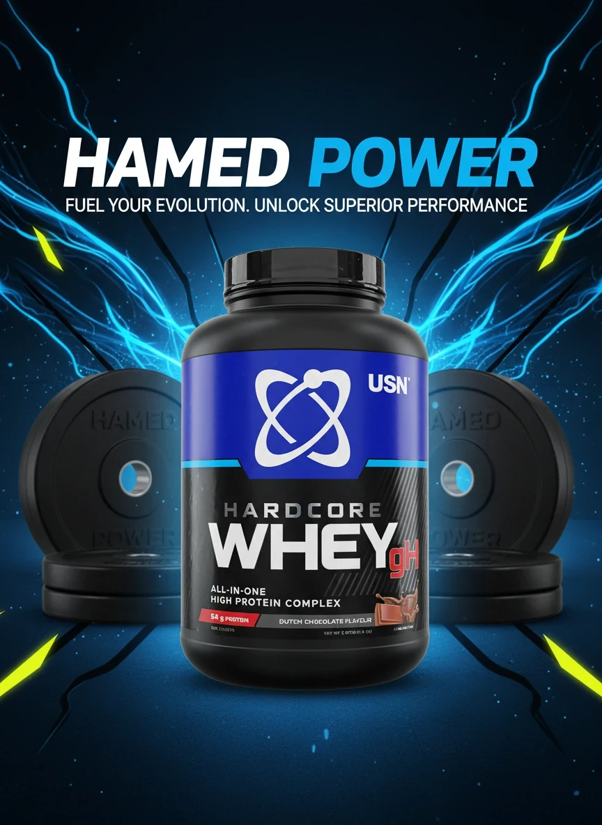 بنر تبلیغاتی حامد پاور با تصویر پروتئین USN Hardcore WHEY gH طعم Dutch Chocolate و دیسک‌های وزنه