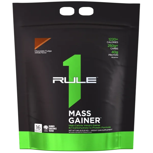 پودر مس گینر Rule 1 Mass Gainer طعم شکلات فاج ۱۲ پوندی با ۴۰ گرم پروتئین و ۱۲۲۰ کالری در هر سروینگ