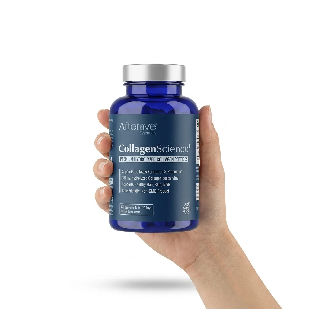 عکس اصلی محصول – نمایش واضح بطری مکمل کلاژن Collagen Science برند Afterave Essentials بطری مکمل کلاژن Collagen Science+ برند Afterave Essentials حاوی کلاژن هیدرولیز شده پریمیوم برای سلامت پوست، مو و مفاصل
