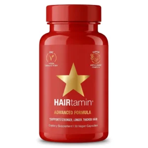 بطری قرمز مکمل Hairtamin Advanced Formula حاوی 30 کپسول وگان، مناسب تقویت، افزایش ضخامت و رشد مو