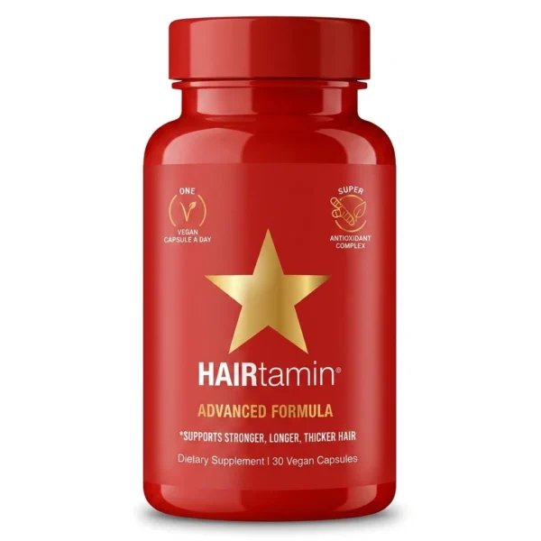 بطری قرمز مکمل Hairtamin Advanced Formula حاوی 30 کپسول وگان، مناسب تقویت، افزایش ضخامت و رشد مو