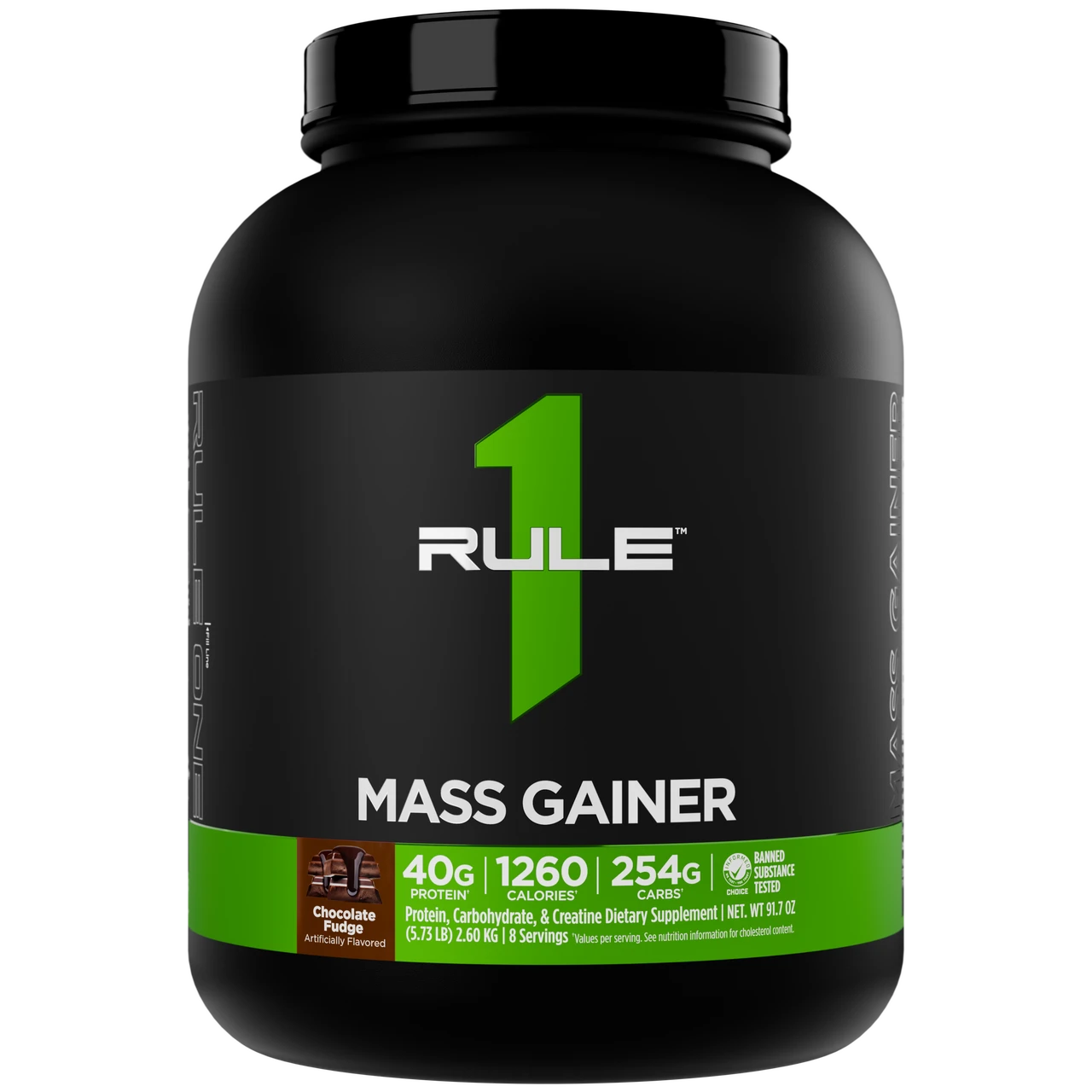 Rule 1 Mass Gainer Chocolate Fudge 5.73lb مس گینر رول وان طعم شکلات فاج وزن ۵.۷۳ پوند با ۱۲۶۰ کالری و ۴۰ گرم پروتئین