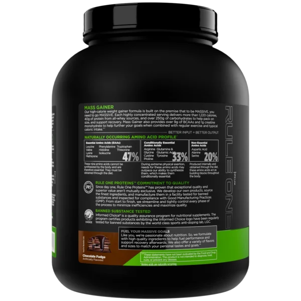 پشت بسته مس گینر Rule 1 Mass Gainer طعم شکلات فاج با جدول پروفایل آمینواسید و اطلاعات محصول