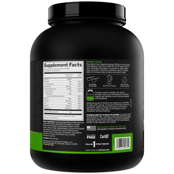 جدول ارزش غذایی و دستور مصرف مس گینر Rule 1 Mass Gainer طعم شکلات فاج با ۱۲۶۰ کالری در هر سروینگ