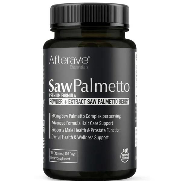 تصویر مکمل ساو پالمتو Afterave Essentials Saw Palmetto 500mg با 100 کپسول برای حمایت از سلامت مو، پروستات و سلامت آقایان