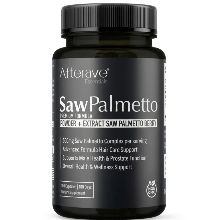تصویر مکمل ساو پالمتو Afterave Essentials Saw Palmetto 500mg با 100 کپسول برای حمایت از سلامت مو، پروستات و سلامت آقایان