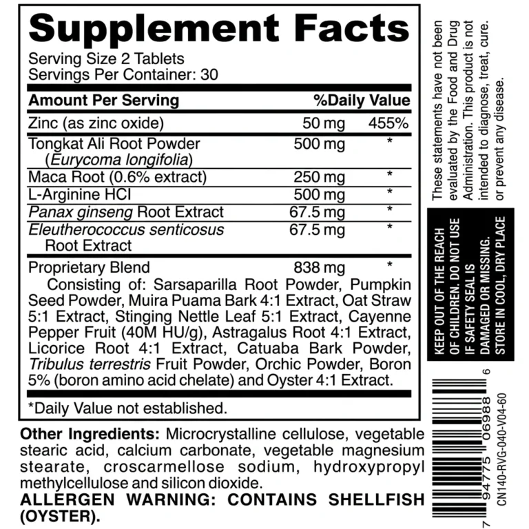 جدول Supplement Facts مکمل Gentlemen’sEdge حاوی ترکیبات، میزان مواد مؤثر و آلرژن‌ها – فروشگاه حامدپاور