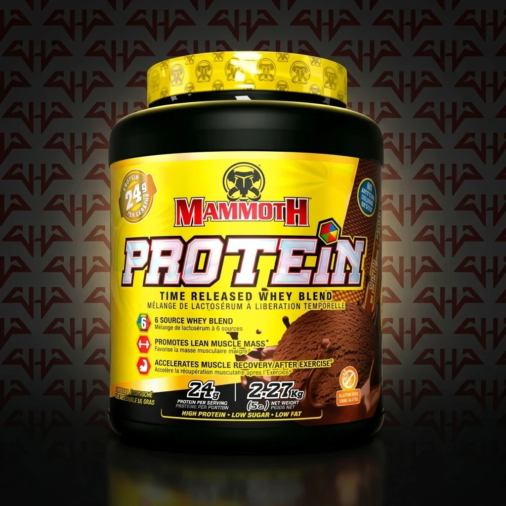 پروتئین ماموت ۲.۲۷ کیلوگرمی | Mammoth PROTEIN Time Released Whey Blend پودر پروتئین ماموت وی بلِند با آزادسازی زماندار، مناسب ریکاوری و رشد عضلات، بسته ۲.۲۷ کیلوگرمی با طعم شکلات، محصول برند Mammoth در فروشگاه حامدپاور