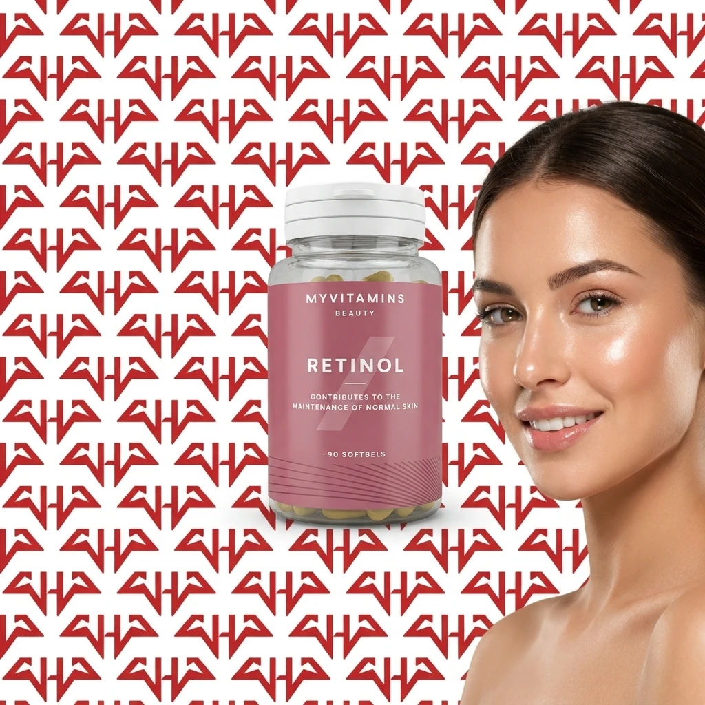 مکمل رتینول Myvitamins برای حفظ سلامت و زیبایی پوست، همراه با تصویر مدل آرایشی؛ مناسب جوانسازی و شادابی پوست – حامدپاور