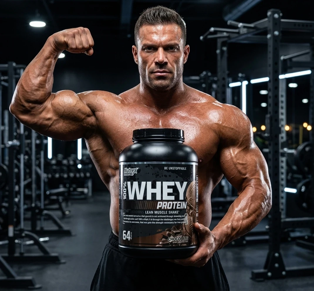 بطری پروتئین وی Nutrex در دست یک ورزشکار در محیط باشگاه، مناسب عضله‌سازی و ریکاوری 