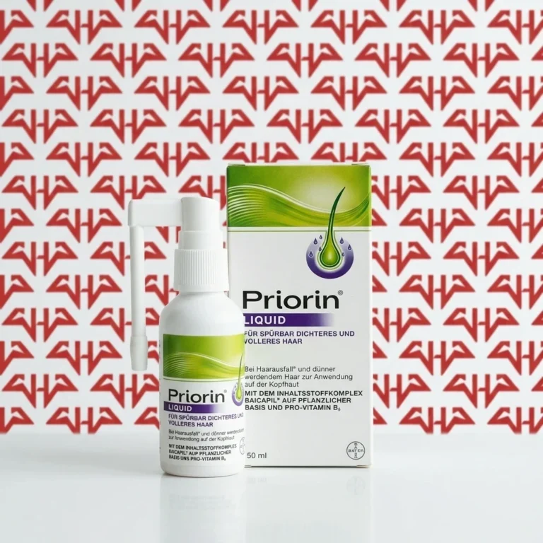 تصویر محلول Priorin Liquid برای تقویت ریشه مو و کاهش ریزش همراه با جعبه محصول در پس‌زمینه برند حامدپاور