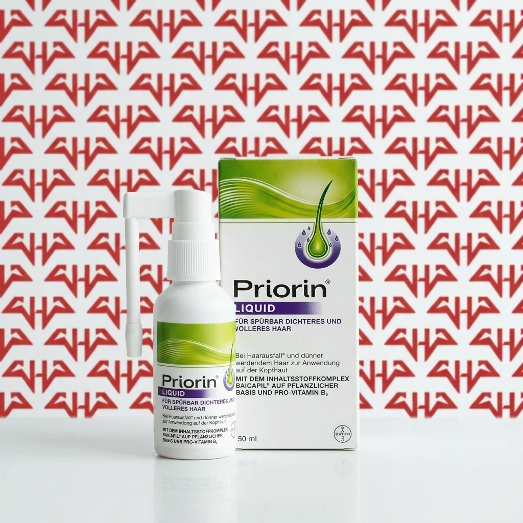 محلول ضدریزش و تقویتکننده موی Priorin Liquid 50ml – حامدپاور تصویر محلول Priorin Liquid برای تقویت ریشه مو و کاهش ریزش همراه با جعبه محصول در پسزمینه برند حامدپاور