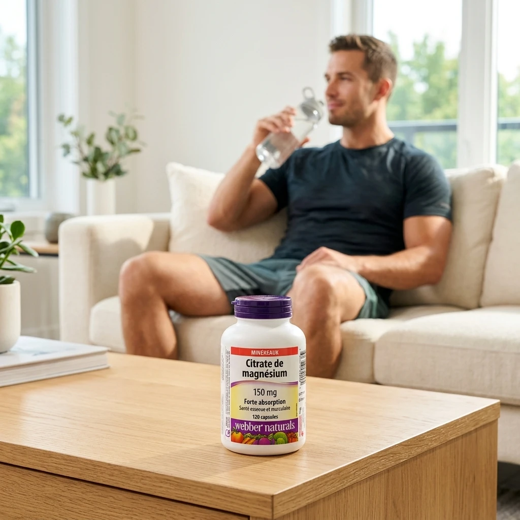 مکمل منیزیم سیترات Webber Naturals 150 میلی‌گرم روی میز در فضای خانه (عکس لایف‌استایل)