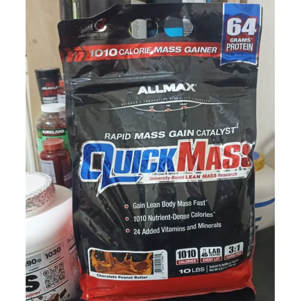 خرید گینر کوئیک مس آل مکس ALLMAX QuickMass وزن 10 پوند طعم شکلات کره بادام زمینی