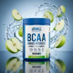 تصویر گرافیکی مکمل BCAA آمینو هیدرات اپلاید ناتریشن طعم سیب سبز با پس‌زمینه آب و میوه برای گالری