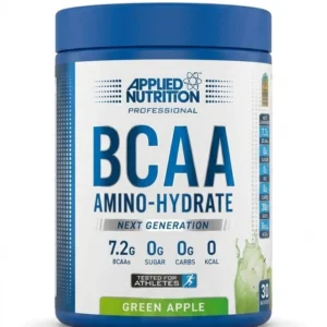 نمای روبروی مکمل BCAA آمینو هیدرات اپلاید ناتریشن طعم سیب سبز ۳۰ سروینگ با پس‌زمینه سفید