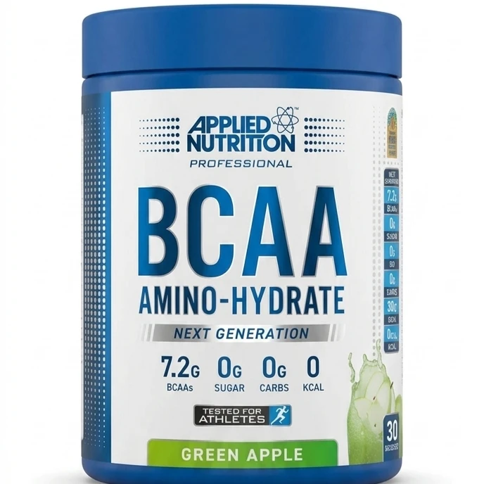 نمای روبروی مکمل BCAA آمینو هیدرات اپلاید ناتریشن طعم سیب سبز ۳۰ سروینگ با پس‌زمینه سفید
