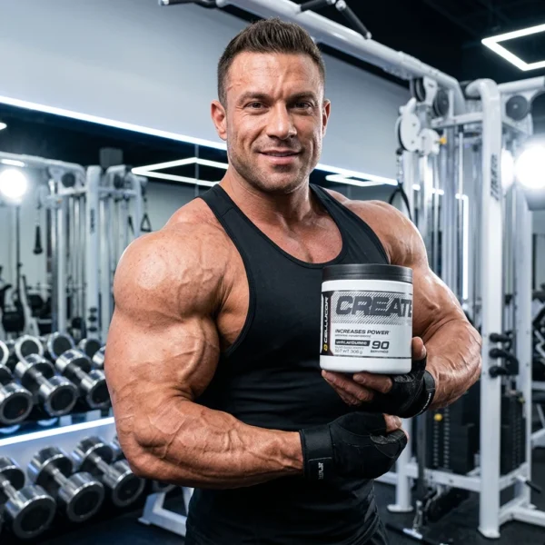 بدنساز حرفه‌ای در باشگاه با کراتین مونوهیدرات Cellucor جهت افزایش قدرت و عملکرد تمرینی