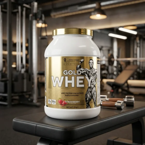 پروتئین وی Gold Whey طعم توت‌فرنگی 2 کیلوگرم روی نیمکت بدنسازی در باشگاه