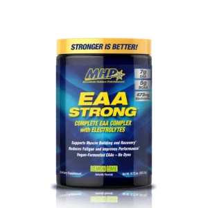 قوطی مکمل ورزشی EAA Strong برند MHP با طعم لیمو لایم، حاوی آمینواسیدهای ضروری، BCAA و الکترولیت‌ها برای افزایش کارایی و ریکاوری عضلات