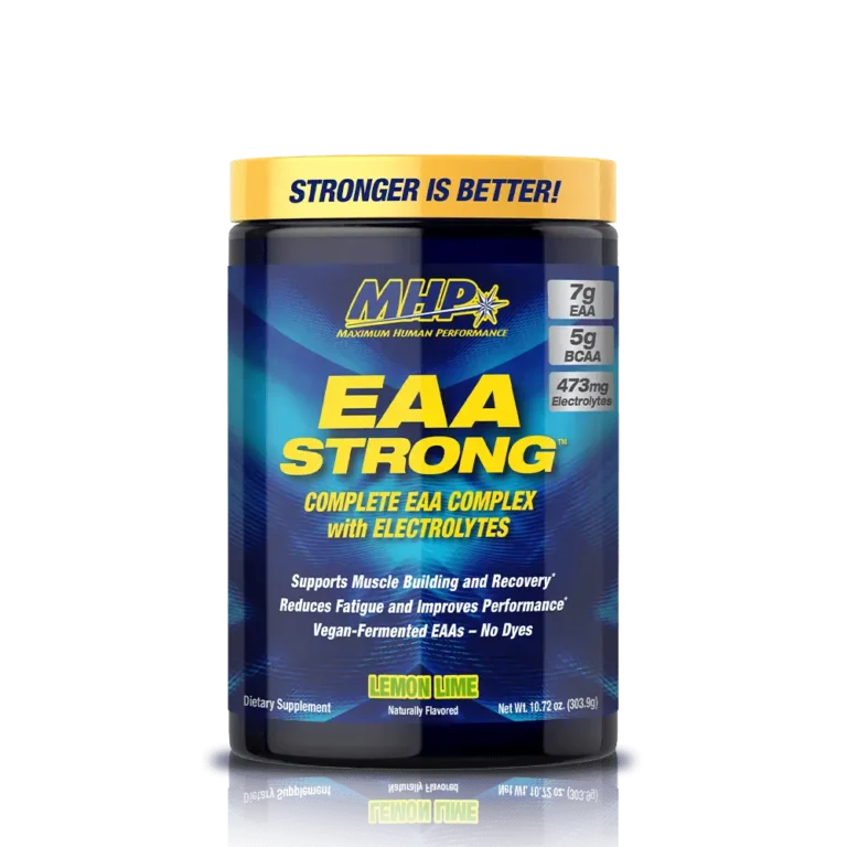قوطی مکمل ورزشی EAA Strong برند MHP با طعم لیمو لایم، حاوی آمینواسیدهای ضروری، BCAA و الکترولیت‌ها برای افزایش کارایی و ریکاوری عضلات