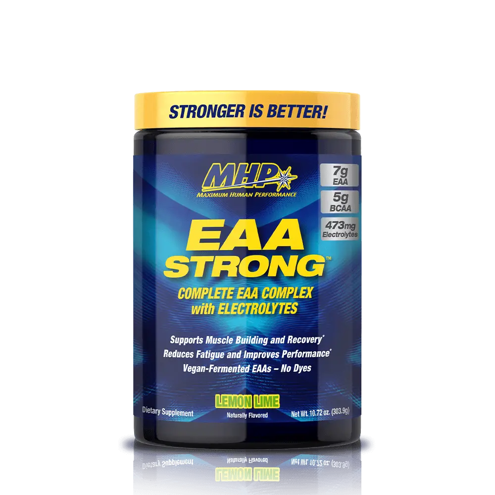 خرید مکمل آمینو اسید EAA Strong برند MHP (طعم لیمو لایم) قوطی مکمل ورزشی EAA Strong برند MHP با طعم لیمو لایم، حاوی آمینواسیدهای ضروری، BCAA و الکترولیتها برای افزایش کارایی و ریکاوری عضلات