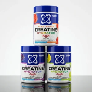 سه قوطی کراتین هیدراتور USN (Creatine Hydrator) در طعم‌های مختلف با لوگوی حامدپاور