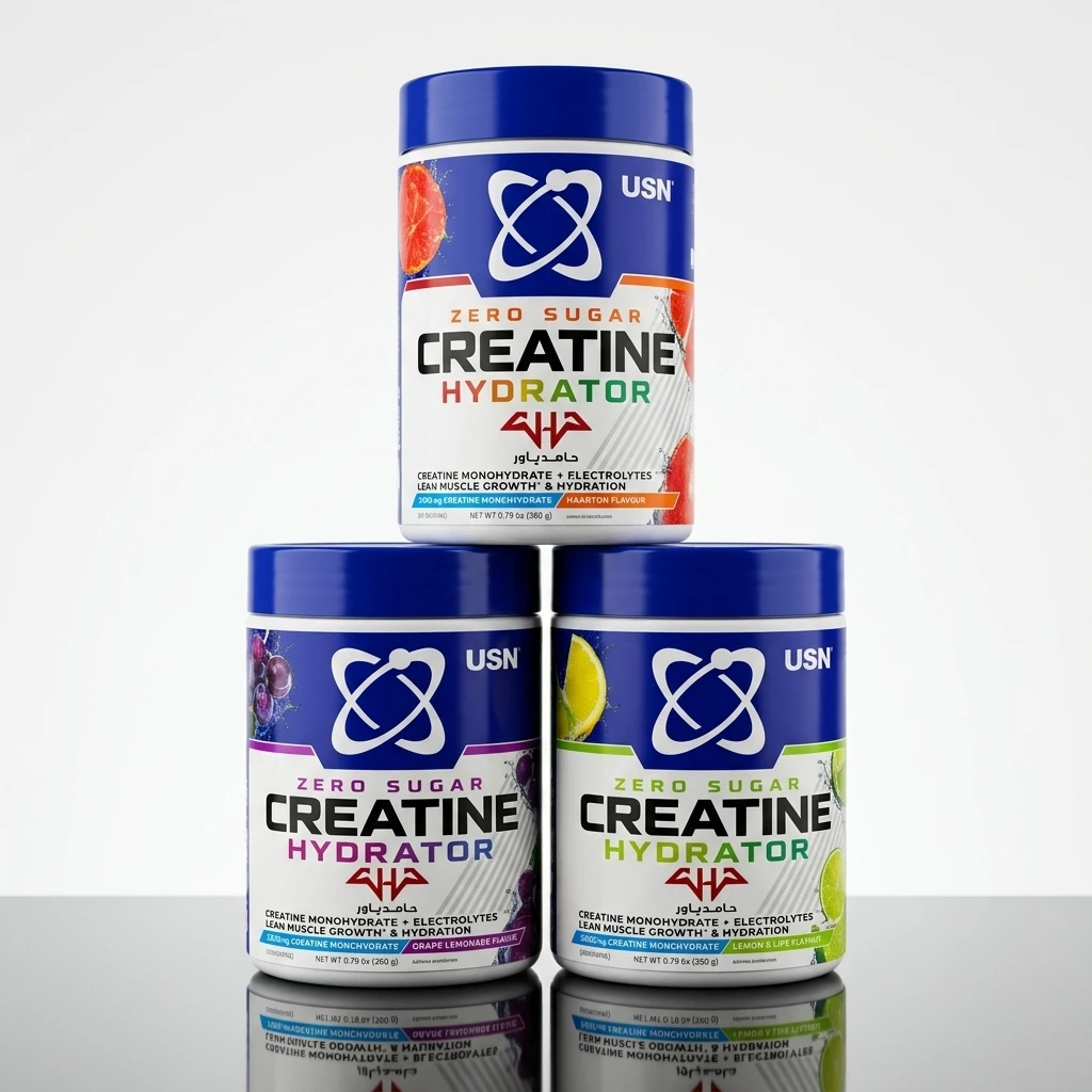 USN Creatine Hydrator Flavors | تنوع طعمهای کراتین هیدراتور USN سه قوطی کراتین هیدراتور USN (Creatine Hydrator) در طعمهای مختلف با لوگوی حامدپاور
