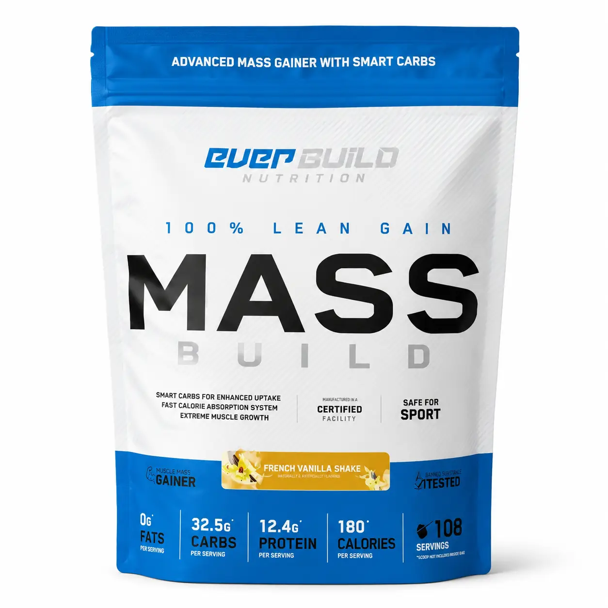 مس گینر اوربیلد Mass Build طعم French Vanilla Shake مکمل مس گینر Everbuild Nutrition Mass Build طعم French Vanilla Shake