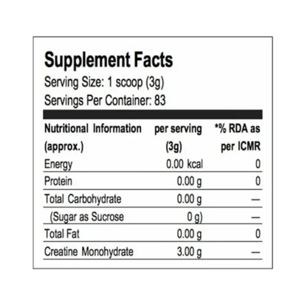 تصویر جدول Supplement Facts کراتین لابرادا CreaLean شامل هر سروینگ 3 گرم کراتین مونوهیدرات بدون قند، چربی و کربوهیدرات