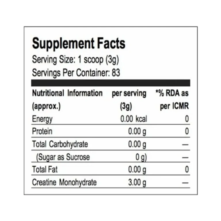 تصویر جدول Supplement Facts کراتین لابرادا CreaLean شامل هر سروینگ 3 گرم کراتین مونوهیدرات بدون قند، چربی و کربوهیدرات