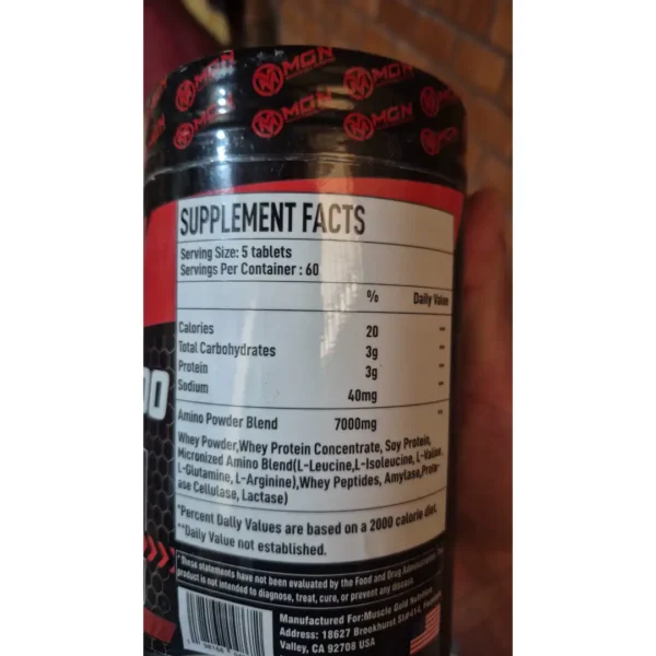 تصویر برچسب جدول ارزش غذایی مکمل آمینو برند MGN Muscle Gold Nutrition شامل Amino Powder Blend 10000mg و اطلاعات سروینگ