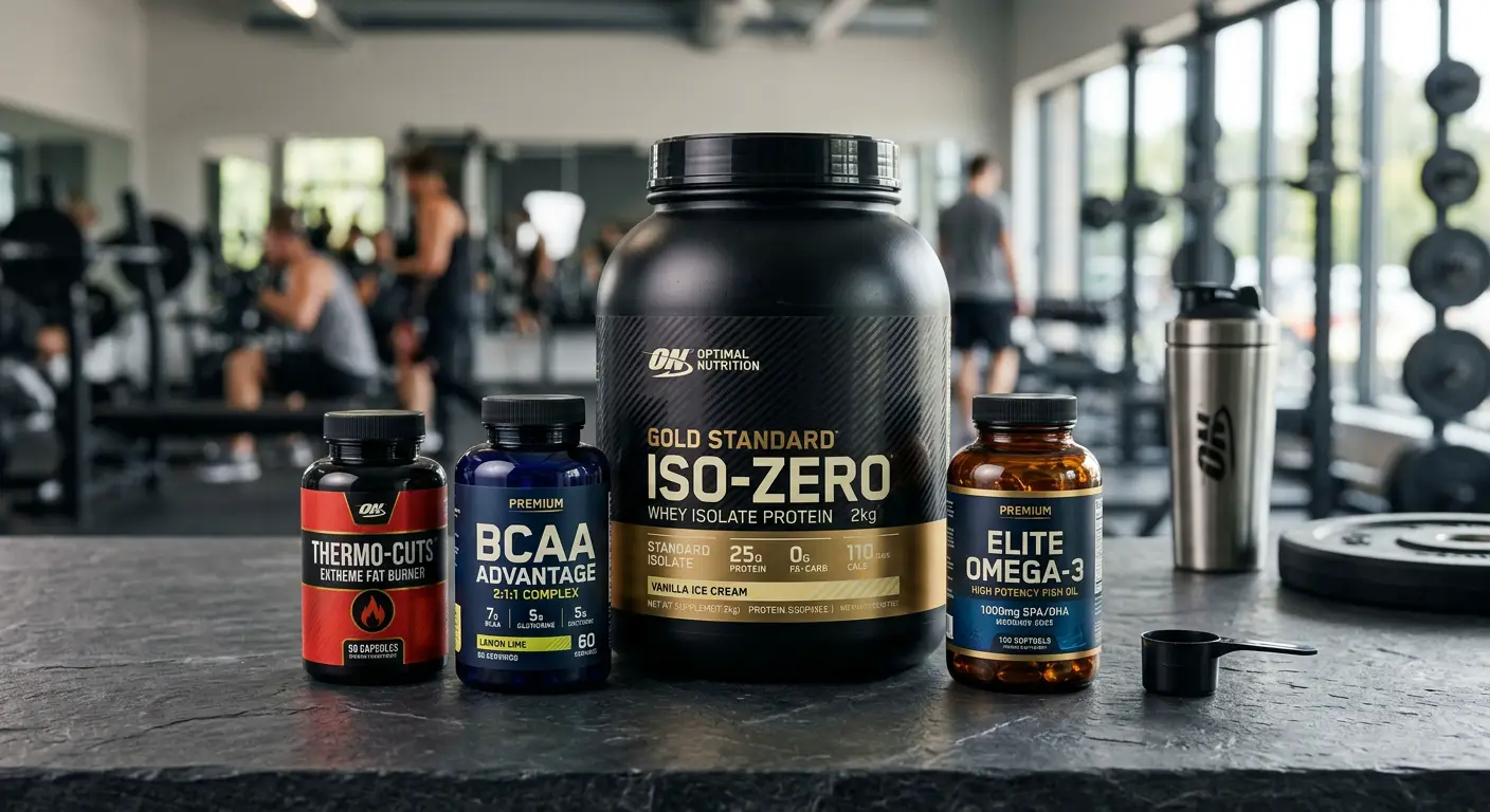 چینش مکمل‌های دوره کات شامل ایزو زیرو، BCAA، امگا ۳ و ترموکات از Optimal Nutrition 