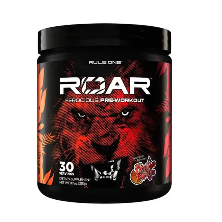 مکمل پمپ Rule One ROAR طعم Fruit Punch با ۳۰ سروینگ و بسته‌بندی مشکی با طرح شیر قرمز