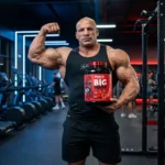 ورزشکار بدنساز در باشگاه همراه با گینر Big Ramy Labs Big Mass طعم توت فرنگی