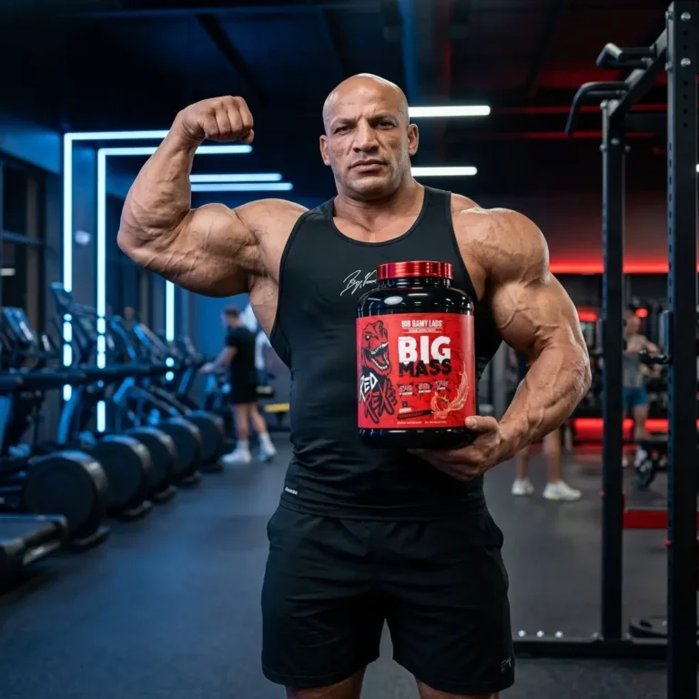 ورزشکار بدنساز در باشگاه همراه با گینر Big Ramy Labs Big Mass طعم توت فرنگی