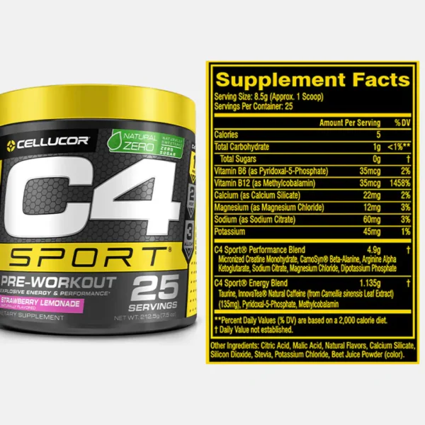 جدول ترکیبات پودر پیش تمرین Cellucor C4 Sport با طعم توت فرنگی لیموناد